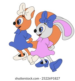 Adorable squirrel and bunny character in cute dress and big bow. Couple of animal isolated white backgorund. Vector illustration can used children's book illustration t-shirt print. Editable stroke.