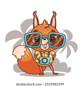 An adorable squirrel character is excited for thrilling adventures with a camera and fun accessories