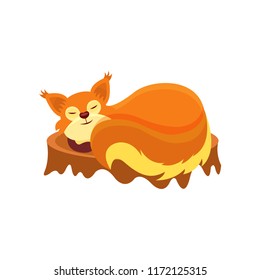 Adorable squirrel sleeping on tree stump. Small forest animal with red fur, bushy tail and tassels on ears. Flat vector design