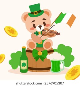 Adorable St. Patrick’s Day Bear Playing Violin with Irish Flag. Cute Bear Celebrating St. Patrick’s Day with Music and Clover. 