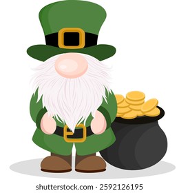 Adorable St. Patrick's Day gnome with a pot of gold. The gnome wears a tall green hat and stands next to treasure. Ideal for cards, stickers, and digital decorations.