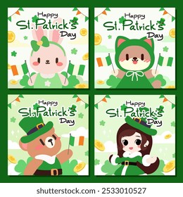 Adorable St. Patrick's Day Illustrations with Bunny, Bear, and Girl. Cute St. Patrick's Day Animal Characters with Irish Flags.