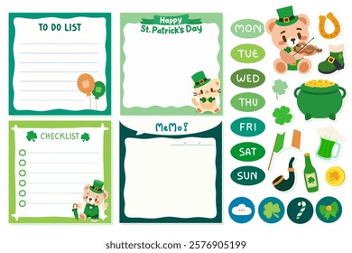 Adorable St. Patrick's Day stationery set featuring cute memo, checklist, and to do list templates with adorable leprechaun themed bear and cat characters and charming Irish holiday icons.