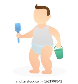adorable standing baby playing with mini scoop and basket. babies playing their soft toys. playful infant, kid, or children. flat vector illustration