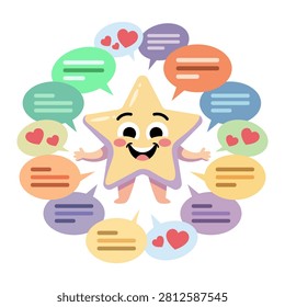 An adorable star mascot represents a famous celebrity or influencer. Surrounded by colorful chat bubbles and hearts, it displays popularity, public attention, and fan adoration. Perfect for themes of digital fame and social media engagement.