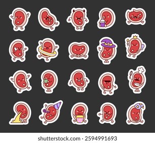 Adorable steak meat character set featuring various emotions, accessories, and fun poses in a cute kawaii cartoon style for yours creative food themed designs