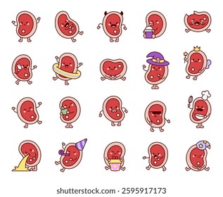 Adorable steak meat character set featuring various emotions, accessories, and fun poses in a cute kawaii cartoon style for yours creative food themed designs