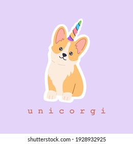 Pegatina adorable de kawaii corgi unicorn con colorido cuerno de arco iris, pequeño perro mascota mágico con cara sonriente linda. Amable cachorro sentado. Dibujo manual de moda ilustración moderna en estilo de dibujos planos