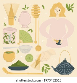 Adorable sticker set. Cute blonde hair girl drawing. Matcha illustration with whisk, spoon, and leaves. Hand draw poster for matcha lovers