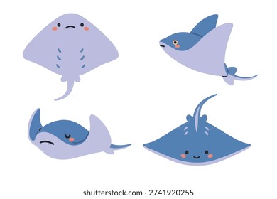 Adorable Stingray and Manta Ray Vector Set, Purple and Blue Sea Creatures Illustration, Ocean Life Character Collection for Kids