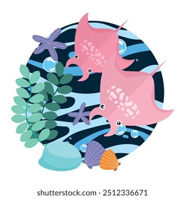 Adorable stingrays swimming in colorful ocean scene Vector illustration