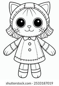 Adorable stitched cat doll coloring page, great for Halloween activities for kids