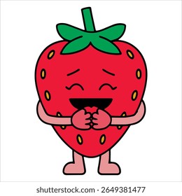 Personagem de morango adorável com braços, pernas e ilustração de sorriso alegre. Perfeito para o merch da cultura pop e educação nutricional das crianças.