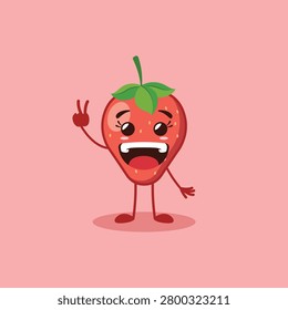 An adorable Strawberry character posing with two fingers on its right hand