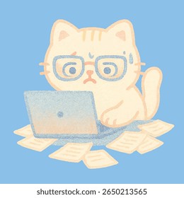 Adorable Stressed Cat Working Hard Before Deadline
A cute cartoon-style cat overwhelmed by a tight deadline, sitting in front of a laptop surrounded by messy papers, coffee cups, and a clock ticking