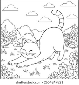 Adorável gato alongamento rodeado por flores florescentes — perfeito para uma experiência de coloração divertida e relaxante.