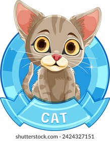 Adorable striped kitten inside a circular blue emblem