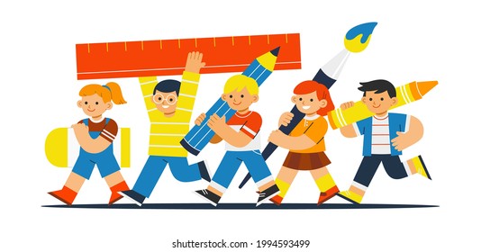 Adorable students are back to school with art supplies. Back to school concept illustration.