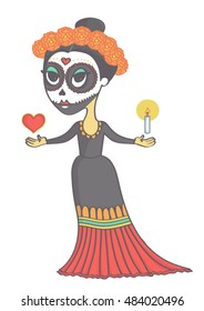 Adorable sugar skull girl for day of the dead or halloween. Vector cartoon of mexican woman representing death.