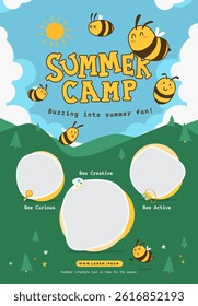 Adorable summer camp poster featuring cartoon bees, sunny sky, and labeled activity zones. Perfect for kids’ events or outdoor education themes.