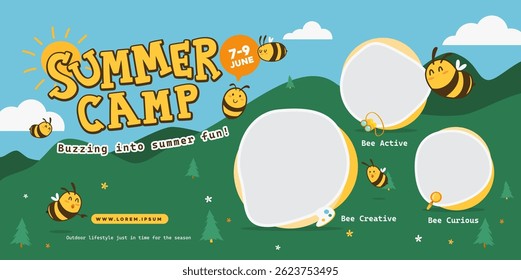 Adorable summer camp poster featuring cute bee characters, outdoor scenery, and activity sections. Perfect for promoting kids events, school programs, or fun educational activities.