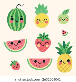 Adorable summer fruit set in kawaii style with smiling faces. Includes watermelon, pineapple, strawberries, and more in bright, cheerful colors.