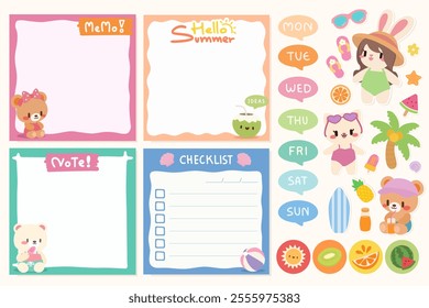 Adorable summer planner designs with stickers and checklists. Kawaii summer themed memo and planner stickers.