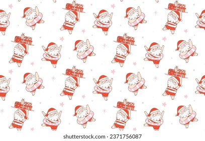 Adorable Summer Santa Claus Christmas doodle pattern Seamless isolated on white background. Perfect for festive decorations, cards, and more,
