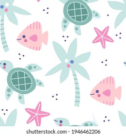 Adorable summer seamless pattern. Fish, turtle, starfish and palm tree elements. Pastel colors. 