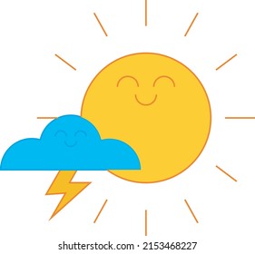Adorable sun and cloud, smiling characters, yellow and blue, editable stroke and colors, colorful design, vector illustration.