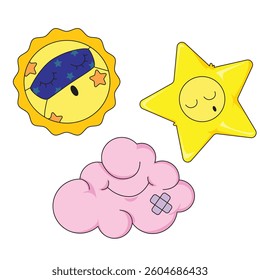 Adorable sun, cloud, and star sleeping peacefully in a cute art style, perfect for children’s designs.