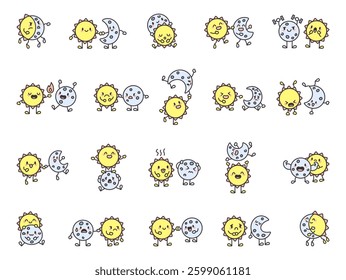 Adorable sun and moon relationship set featuring cute cartoon characters with different emotions, charming expressions, and celestial interactions showing friendship and cosmic connections