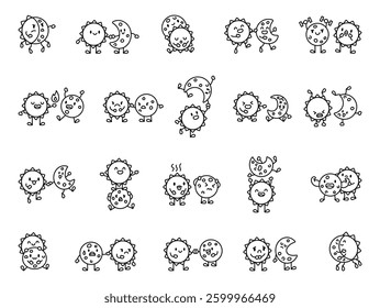 Adorable sun and moon relationship set featuring cute cartoon characters with different emotions, charming expressions, and celestial interactions showing friendship and cosmic connections
