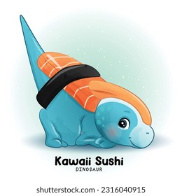 Adorable Sushi Dinosaurs with watercolor illustration