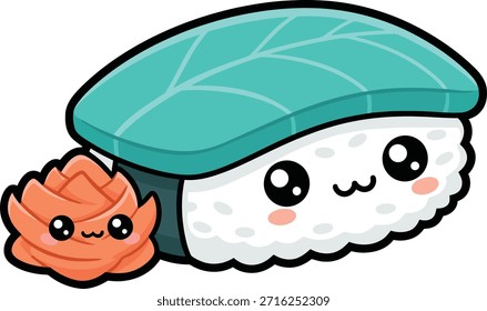 Adorable sushi y Ilustración vectorial de jengibre en escabeche en estilo kawaii. Personajes de dibujos animados aislados con caras felices para menús de restaurantes, pegatinas y marcas de alimentos.
