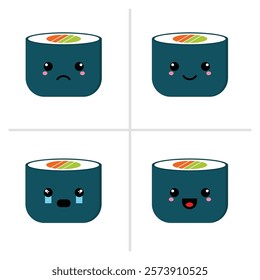 Adorable sushi roll illustrations with cute faces expressing different emotions: happy, sad, crying, and excited. Perfect for emoji sets, stickers, or playful design projects.