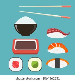 Adorable sushi set flat vector illustration blue background. Traditional Japanese food icons. Chopsticks, rice, soy sauce, sushi rolls and sashimi. Asian food cartoon style. Delicious seafood elements