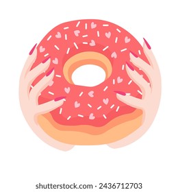 Adorable sweet pink donut. Vector illustration in flat logo style.