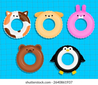 Adorable swimming rings with animal ears or wings. Designs include cat, dog, bunny, bear, and penguin for a playful summer vibe.