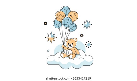 Adorable teddy bear ascending into a dreamy sky filled with balloons and stars