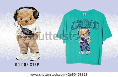 Adorable teddy bear character wearing headphones, t-shirt, belt, and sneakers with the text “Go One Step.”