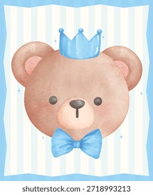 Cara adorable del oso de peluche con el arco azul de la cinta y la acuarela de la corona, ilustración linda de la pintura de la mano del niño del cumpleaños del vivero