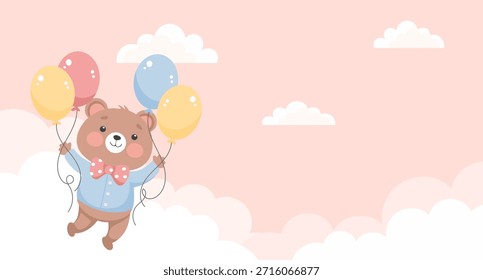Adorable oso de peluche flotando entre las nubes con globos. Ilustración de Festiva. Tarjeta de cumpleaños.