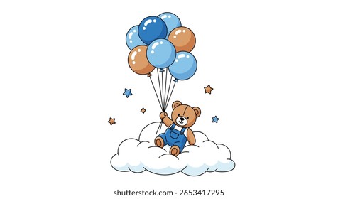 Adorable teddy bear floating high up in the sky holding a bunch of colorful balloons and sitting on a fluffy cloud illustration