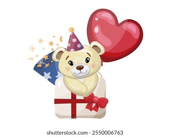 Adorable Teddy Bear with Gift, Balloon, and Confetti for Celebration 