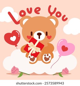 Adorable Teddy Bear with Gift and Heart Balloons for Love Theme. Kawaii Bear Holding a Gift with Love Balloons and Roses.