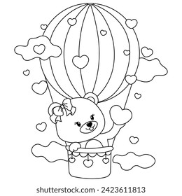 Adorable teddy bear girl on a hot air balloon, isolated on a transparent background. Coloring page for children. Ready to print. Happy Valentine's Day. Vector illustration