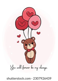 Adorable teddy bear with heart balloons cartoon doodle. Perfect for Valentine's Day illustrations that capture innocence and love. Ideal for greeting cards.