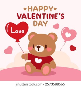 Adorable Teddy Bear with Heart Balloons for Valentine’s Day. Kawaii Valentine’s Day Bear with Heart Balloons and Romantic Theme.