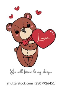 Adorable teddy bear with heart cartoon doodle. Perfect for Valentine's Day illustrations that capture innocence and love. Ideal for greeting cards, this cute and kawaii drawing will bring smiles.